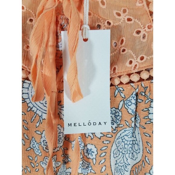 Melloday Paisley Print Peach Blouse With Eyelet Design & Tie Neckline Small - Picture 4 of 10